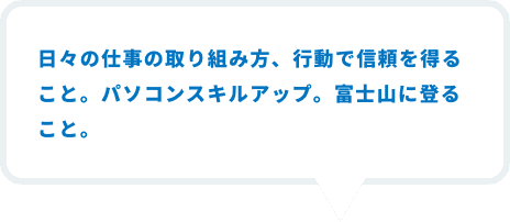 日々の仕事の取り組み方、行動で信頼をえること。パソコンスキルアップ。富士山に登ること。